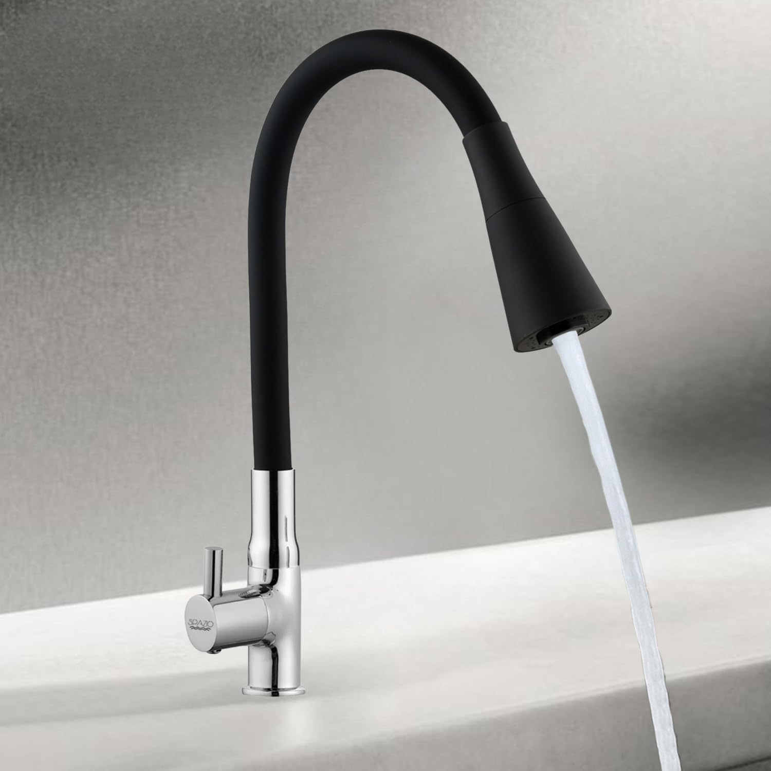 SPAZIO Turbo Brass Swan Neck Tap/Sink Faucet/Sink Tap with Black 360 Degree Flexible Silicon Swivel Spout & Dual Flow Pattern, Hot/Cold Water for Kitchen Sink, Wash Basin, Chrome Finish Pillar Cock-image-47