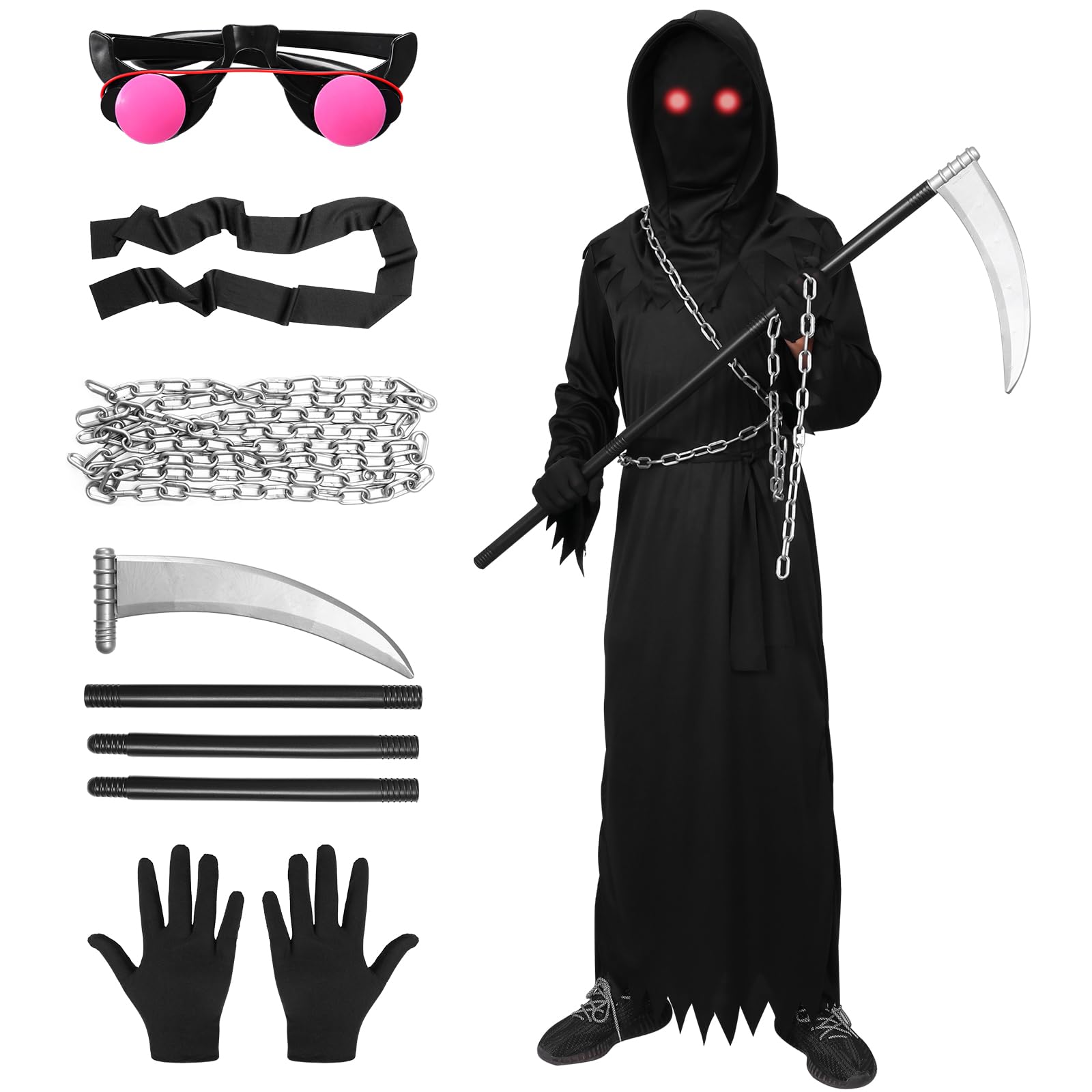 Blisscok Disfraz de Parca para Adultos et Niños, Halloween disfraz la muerte, con Gafas LED, Cadena, Guantes, Guadaña,Disfraz de parca, para Carnaval Costume Cosplay