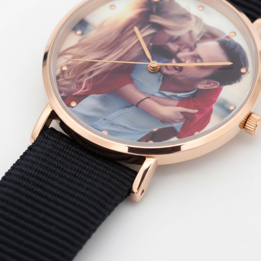 Reloj de fotos personalizado para parejas, reloj de cuarzo personalizado, correa de lona duradera, caja de oro rosa, adecuado para llevar en el día de San Valentín, cumpleaños y aniversario.