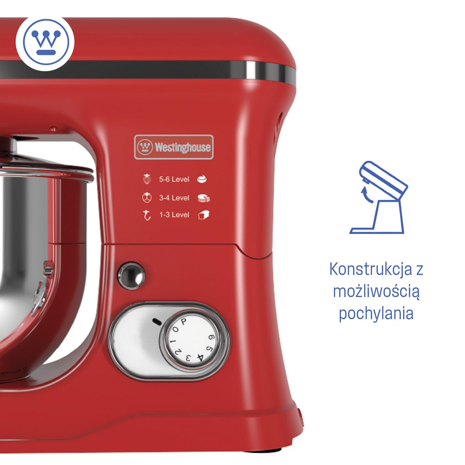 Westinghouse Retro Mikser stojący – 1200 W – Robot kuchenny 5 l Miska miksująca – Robot kuchenny – Mikser kuchenny – Robot kuchenny – Czerwony
