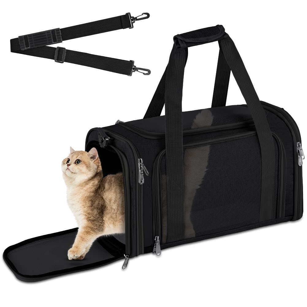 vsshe Transportín Perro Gato, Bolsa de Transporte Transpirable Gato Plegable, Aprobado por Aerolíneas, para Pequeños Medianos Gatos Cachorros Gatitos, para en Tren, Coche y Avión, Negro