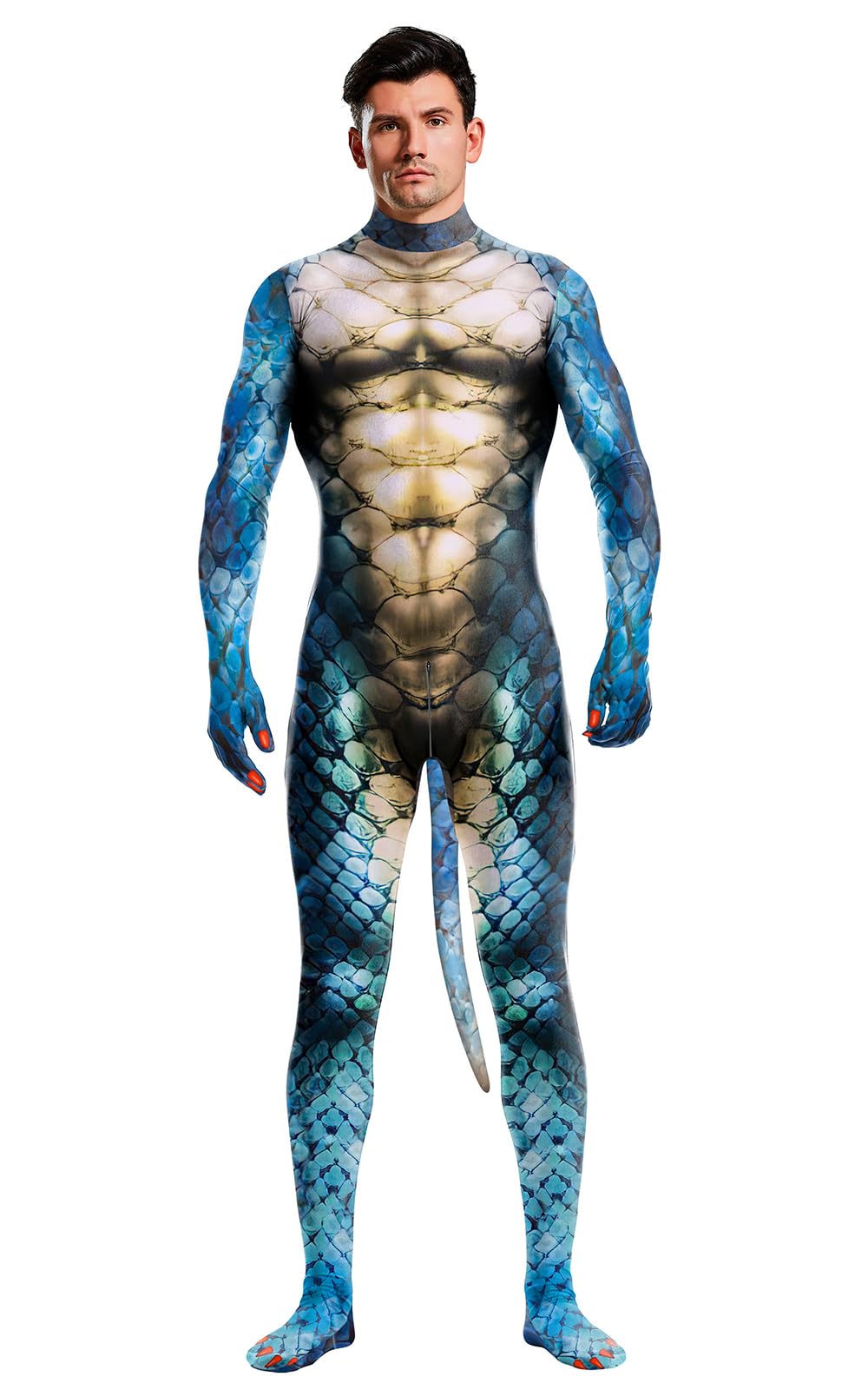 Men's Animal Bodysuit Costume with Big Tail Print Petsuit Spandex Furry Jumpsuit Cosplay Halloween Party