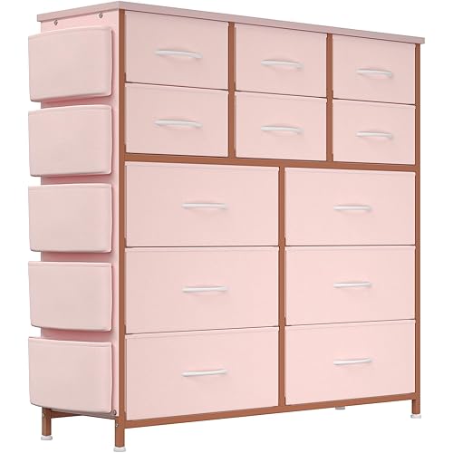 Dresser for Bedroom with 12 Drawer, Dressers & Chests of Drawers for Hallway, Entryway, Storage Organizer Unit with Fabric, Sturdy Metal Frame, Wood Tabletop, Easy Pull Handle… (Pink)