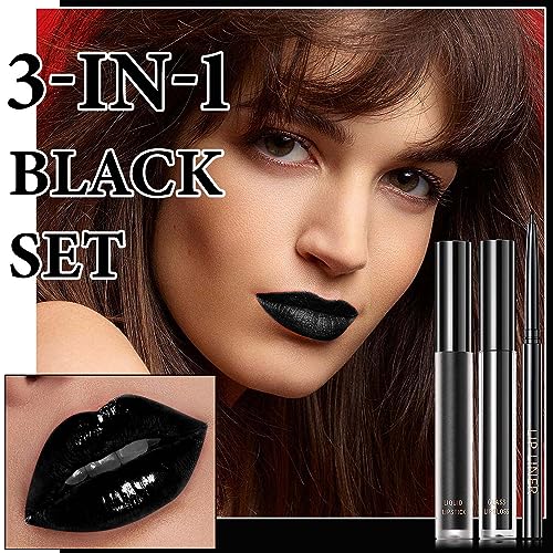 Duozeng 3 Pcs Lip Liner And Lipstick Set,Waterproof Black Matte Liquid Lipstick Lip Liner,Long Lasting Lip Gloss Halloween Gothic Makeup Set,Matte Lipstick Velvet Nude Lip Gloss Stain Lipgloss Makeup thumb #1