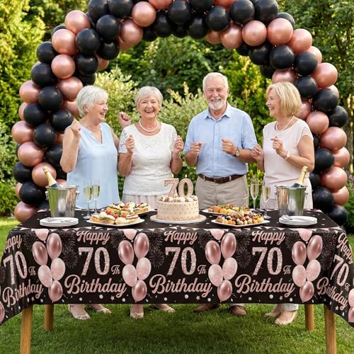 Image of Labeol 3 Pack 70th Birthday Decorations for Women - Happy 70th Birthday Tablecloth, Black and Rose Gold 70th Birthday Table Cover, 54 x 108 Inch Rectangular Disposable Party Supplies