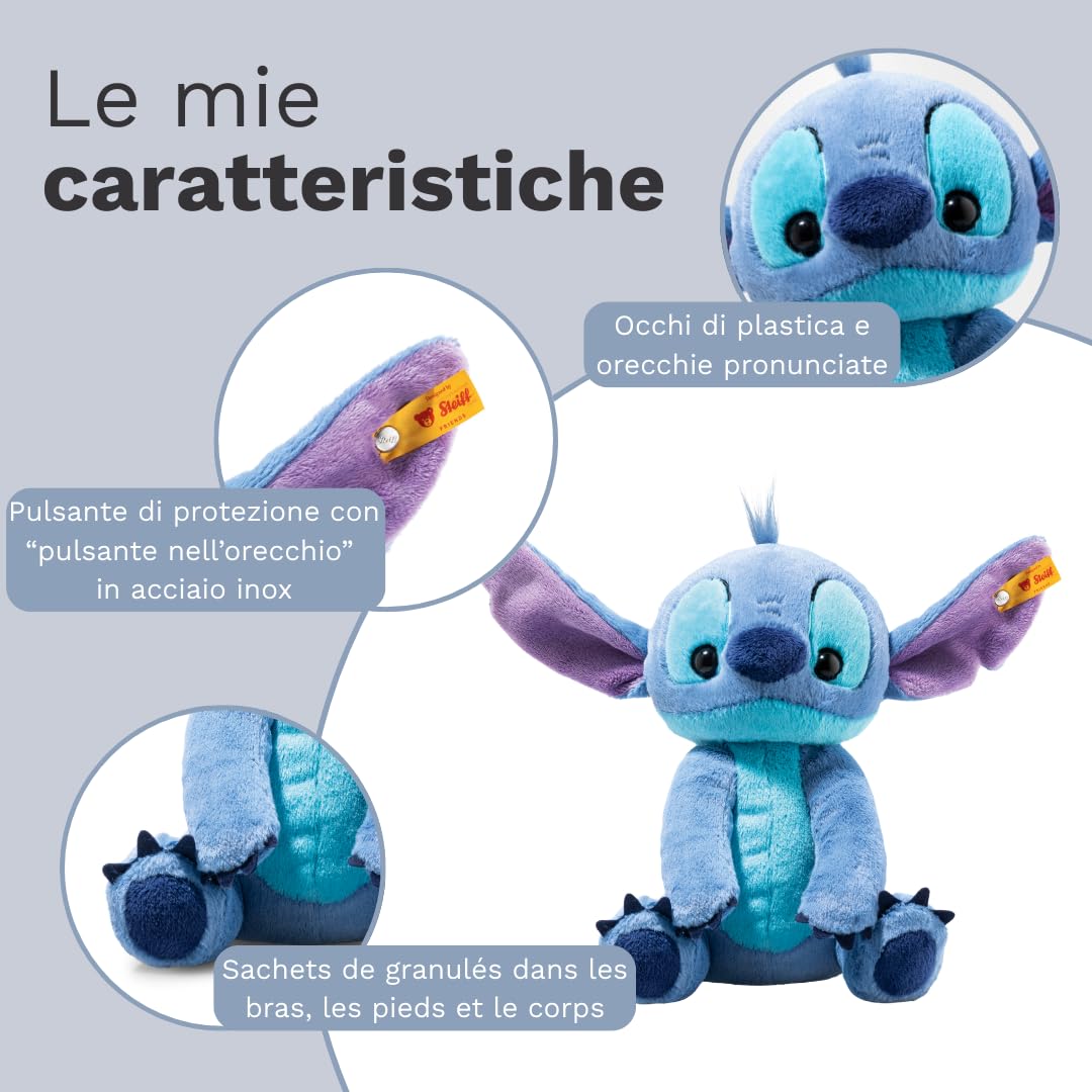 Steiff Peluche Stitch Disney Originals, dolce animale di stoffa con occhi in plastica per bambini e bambine, Friends, pupazzo 22 cm, blu medio, 024696