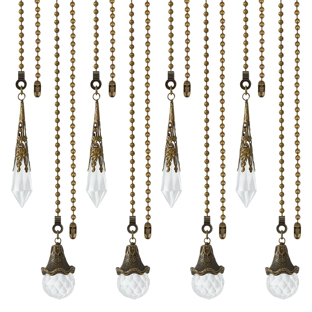 BENECREAT 8Pcs Crystal Glass Ceiling Fan Pulls, Spherical and Conical Ceiling Fan Extension with Iron Ball Chain for Ceiling Light Fans Lamps and Wall Lights, Antique Bronze