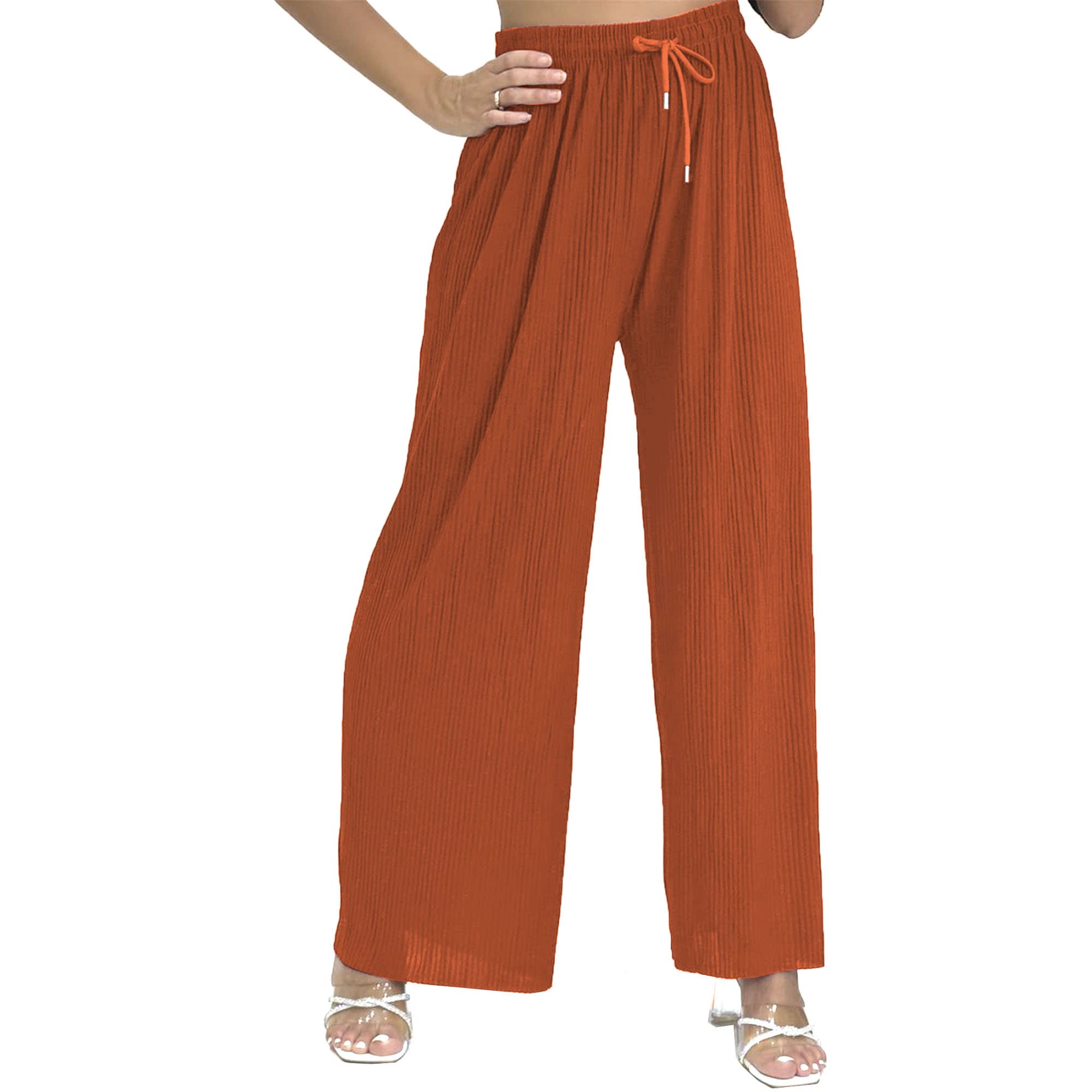 Women's Rust Textured Ribbed Relaxed Wide Leg Smart Casual Palazzo Trousers (As8, Alpha, L, X_l, Regular, Regular, )