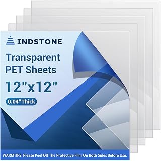 5 Pack 12”x12” x0.04” Clear PET/Plexiglass Sheet, INDSTONE Transparent Flexible Plastic Sheet 12x12, Clear Plastic Sheet for Crafts, Picture Frames, Painting, Sign Blank