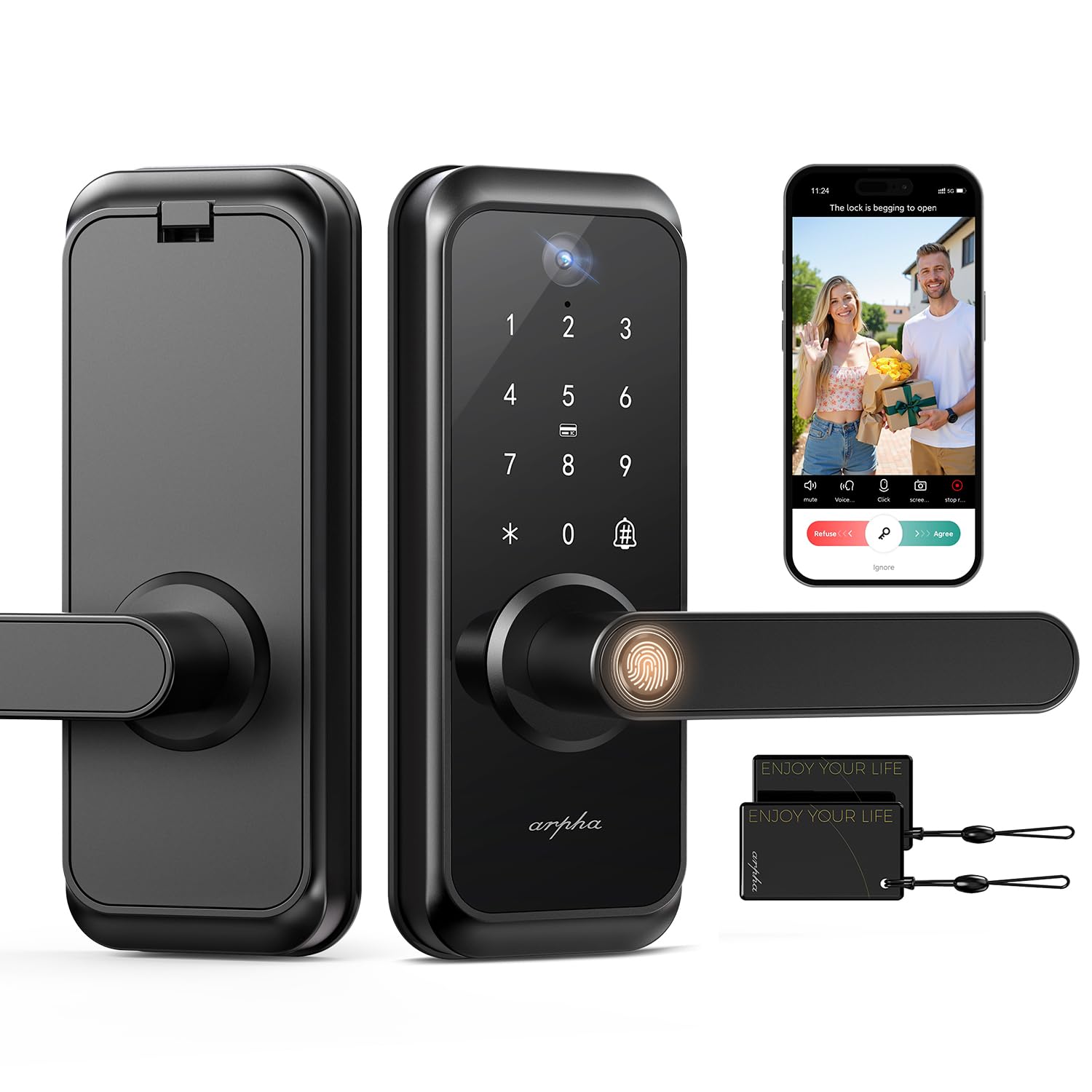 WiFi Video Smart Lock with Camera & Handle - 6-in-1 Keyless Entry (Fingerprint/App/Keypad/FOB/Key/Camera), Built-in WiFi, 2-Way Audio, Auto-Lock, Waterproof - Black
