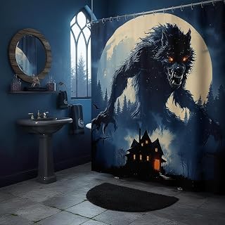 Howling Wolf Shower Curtain,Gothic Castle Bathroom Curtains Teens Men Kids Boys Bathtub Decor,Western Moon Night Werewolf Waterproof Curtain Horror Wild Animals Bath Curtains,12 Hooks,72" Wx72 L