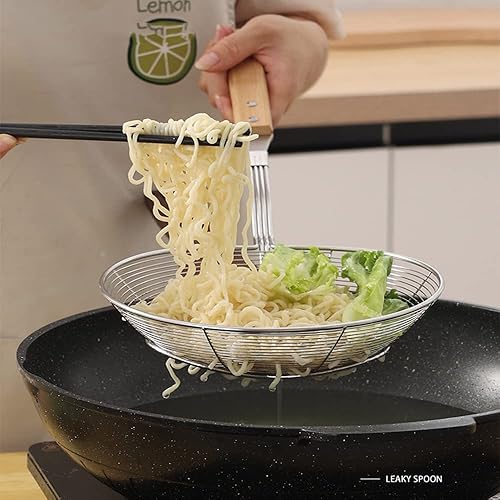 Miniatura 6 de Colador de araña, colador de alimentos de alambre de acero inoxidable con mango de bambú (tamaño L, más de 7 pulgadas)