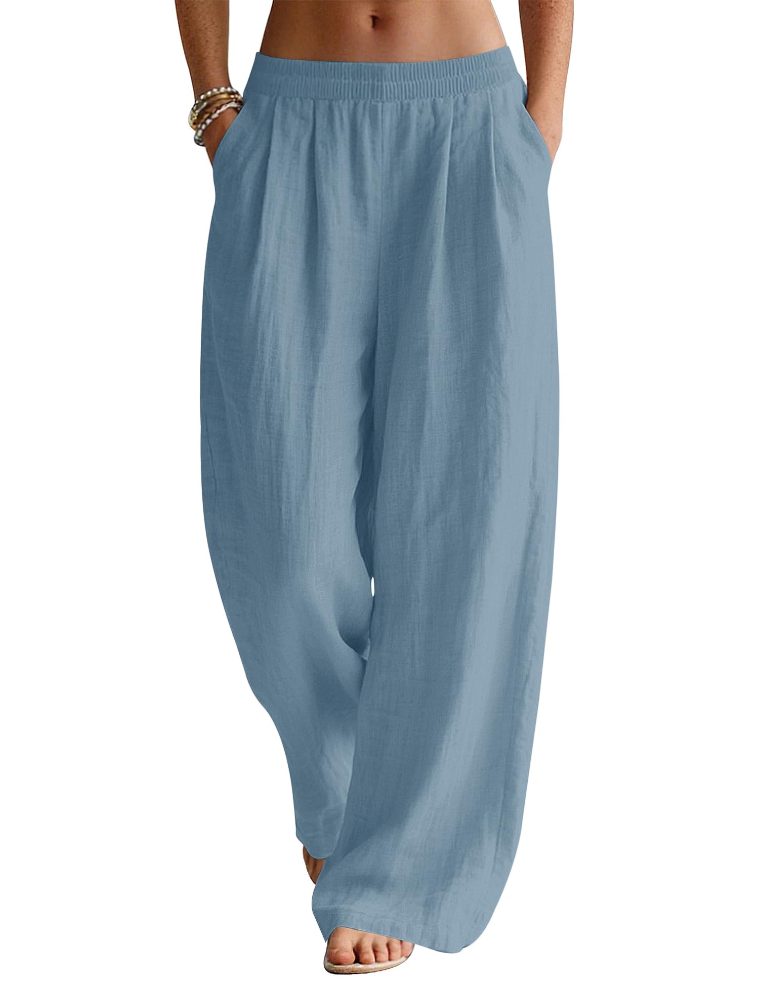 Rapbin Leinenhose Damen Sommer Hose Casual Strandhose Weite Bein Freizeithose Elegant Einfarbig Sommerhose Leichte Leinen Stoffhose mit Taschen