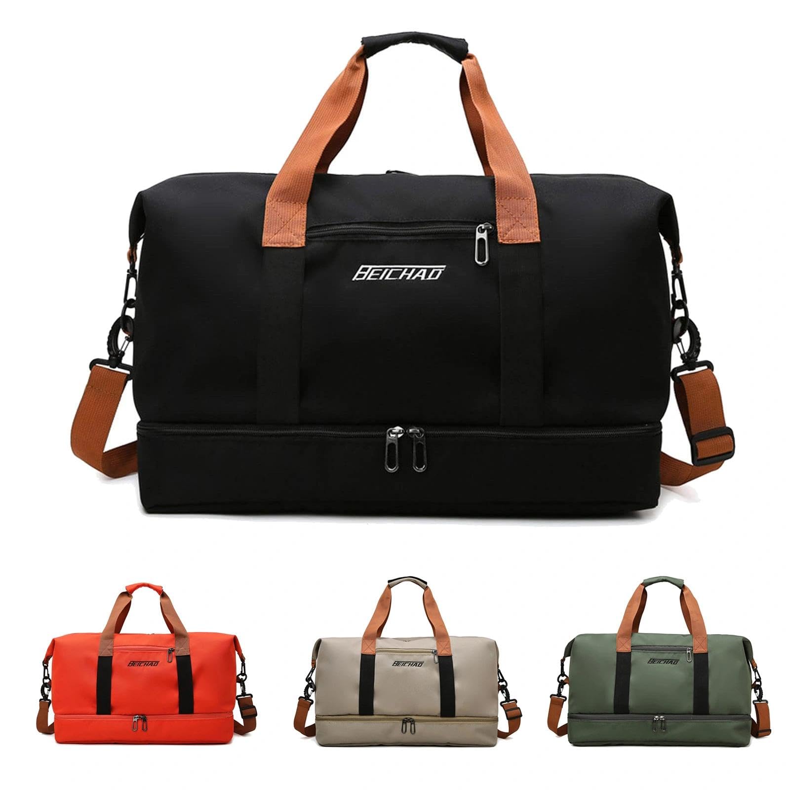 HUANYO Multifunctional Sports Gym Travel Duffel Bag for Men Women, Weekend Carry On Overnight with Shoe Compartment & Luggage Sleeve, Black/Green/Khaki (Black)