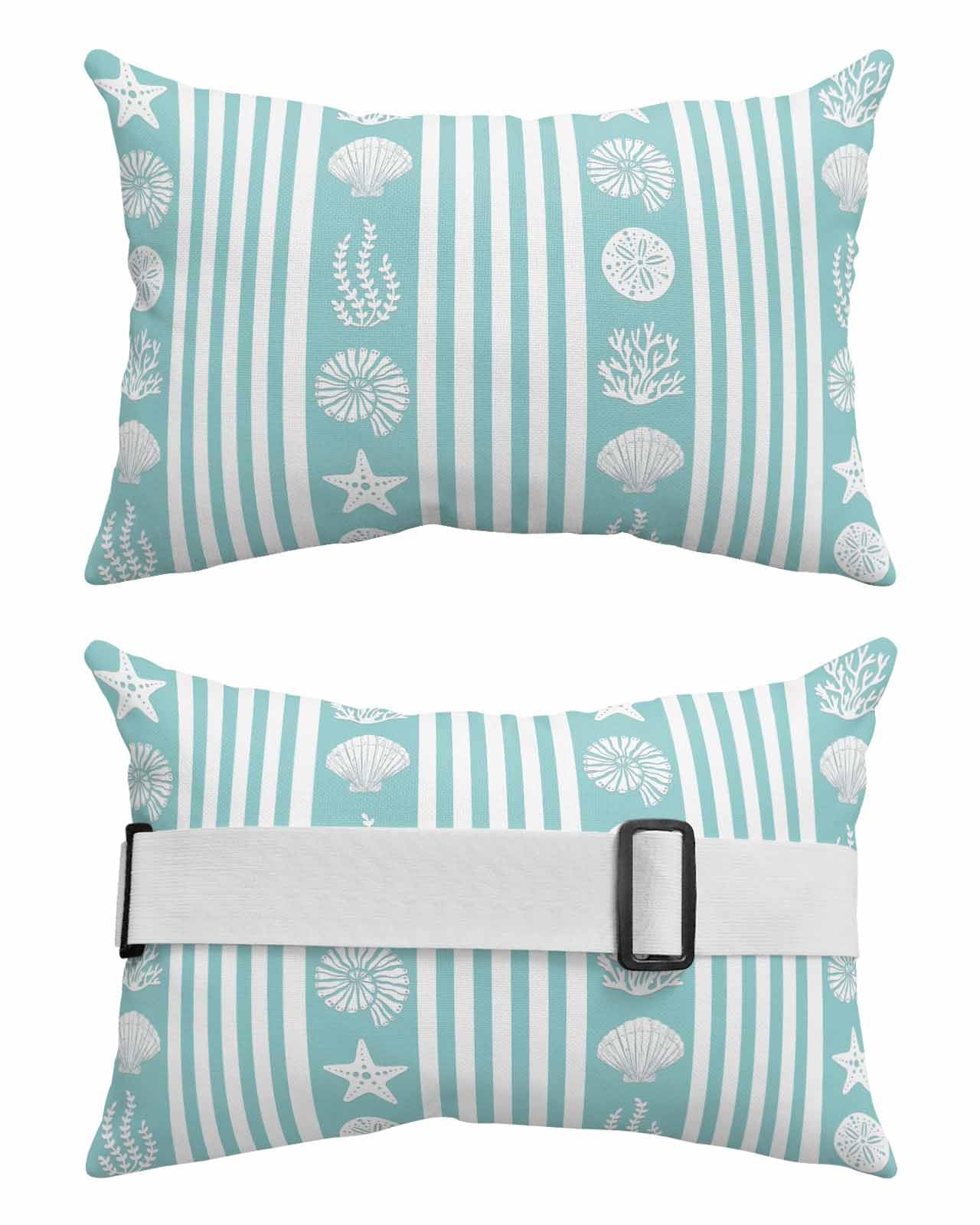 Turquoise Coastal Outdoor Beach Pool Lounge Chair Head Throw Pillow Covers 12x20 With Insert And Elastic Stripe Set of 2,Lumbar Cushion Pillow Cases,Starfish Shells Jellyfish Coral Geometric Striped