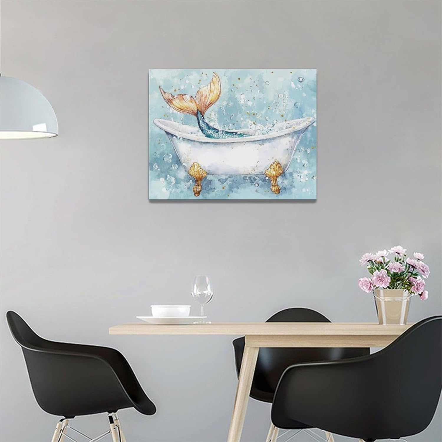 Bathroom Mermaid Wall Art Mermaid Tail Wall Decor Blue Bathtub Pictures Canvas Print Painting Framed Artwork for Bathroom Toilet Restroom Home Decoration 16"x12"