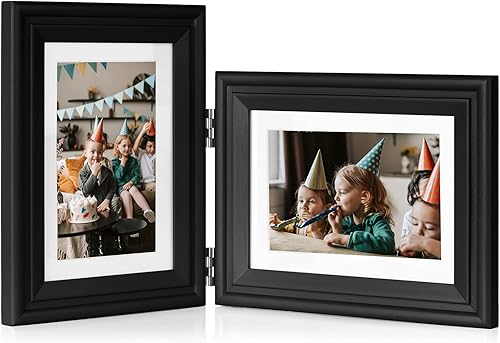 Marco de fotos doble de madera con bisagras de 5 x 7 pulgadas vertical y horizontal en negro, pantalla de 4 x 6 pulgadas con paspartú o 5 x 7