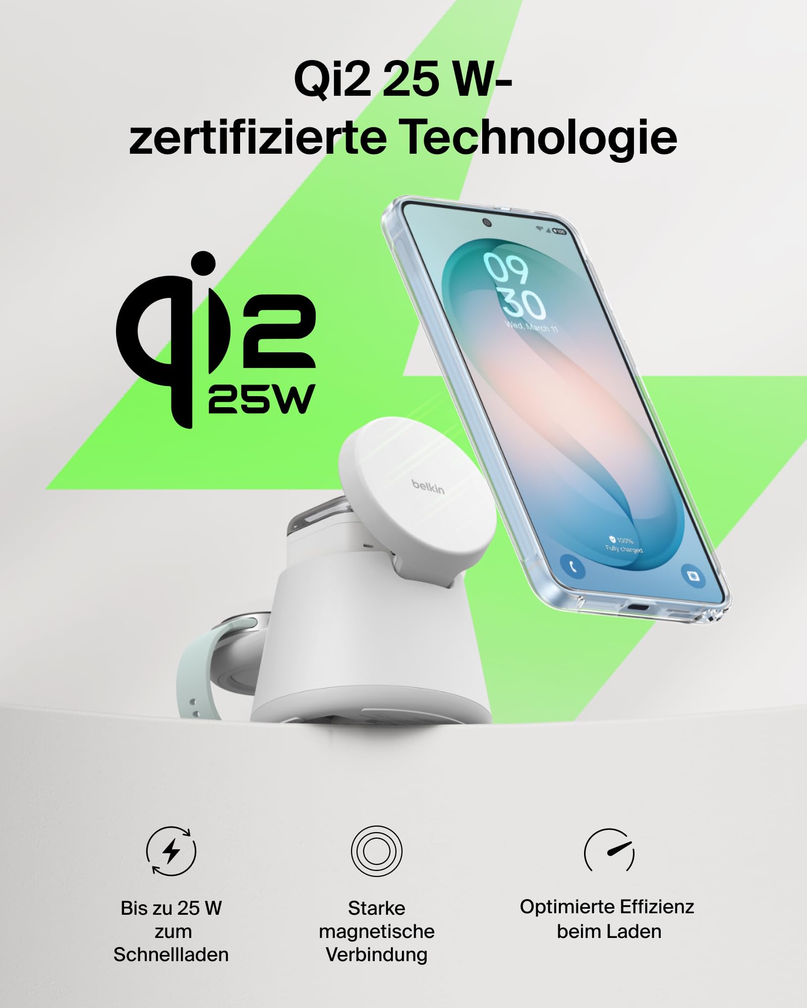 Belkin UltraCharge 3-in-1 Induktive Ladestation mit Qi2, 25W – Weiß | Qi2.2-zertifiziert, Kabelloses Ladegerät mit USB-C-Port, Wireless Charger für iPhone, Galaxy, Kopfhörer; mit 45W Netzteil