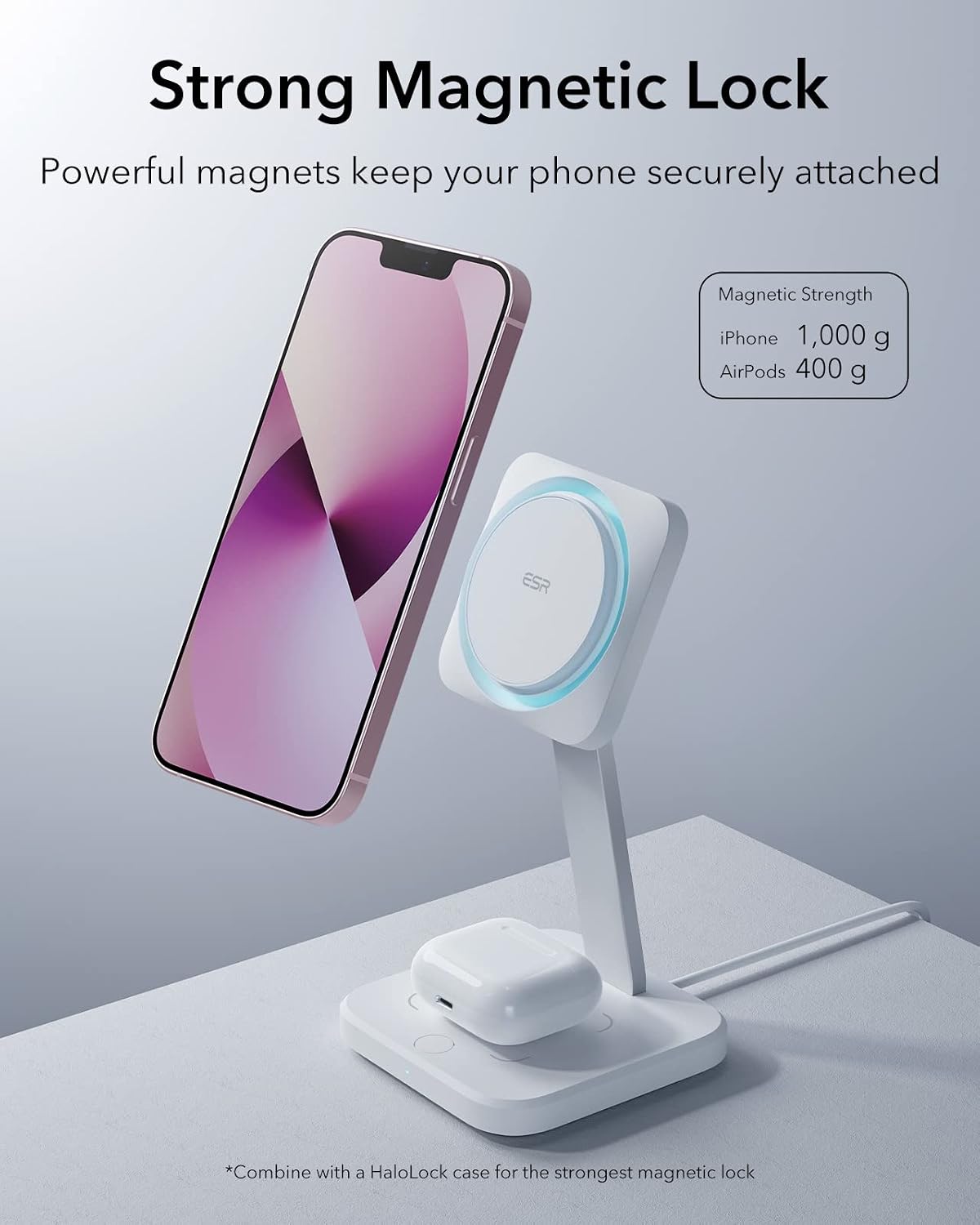 ESR HaloLock 2-in-1 Wireless Charger with CryoBoost, Compatible with MagSafe Charger Stand, Phone-Cooling Fast Charging Compatible with iPhone 14/13/12, AirPods Pro/3/2, with Adapter, Arctic White