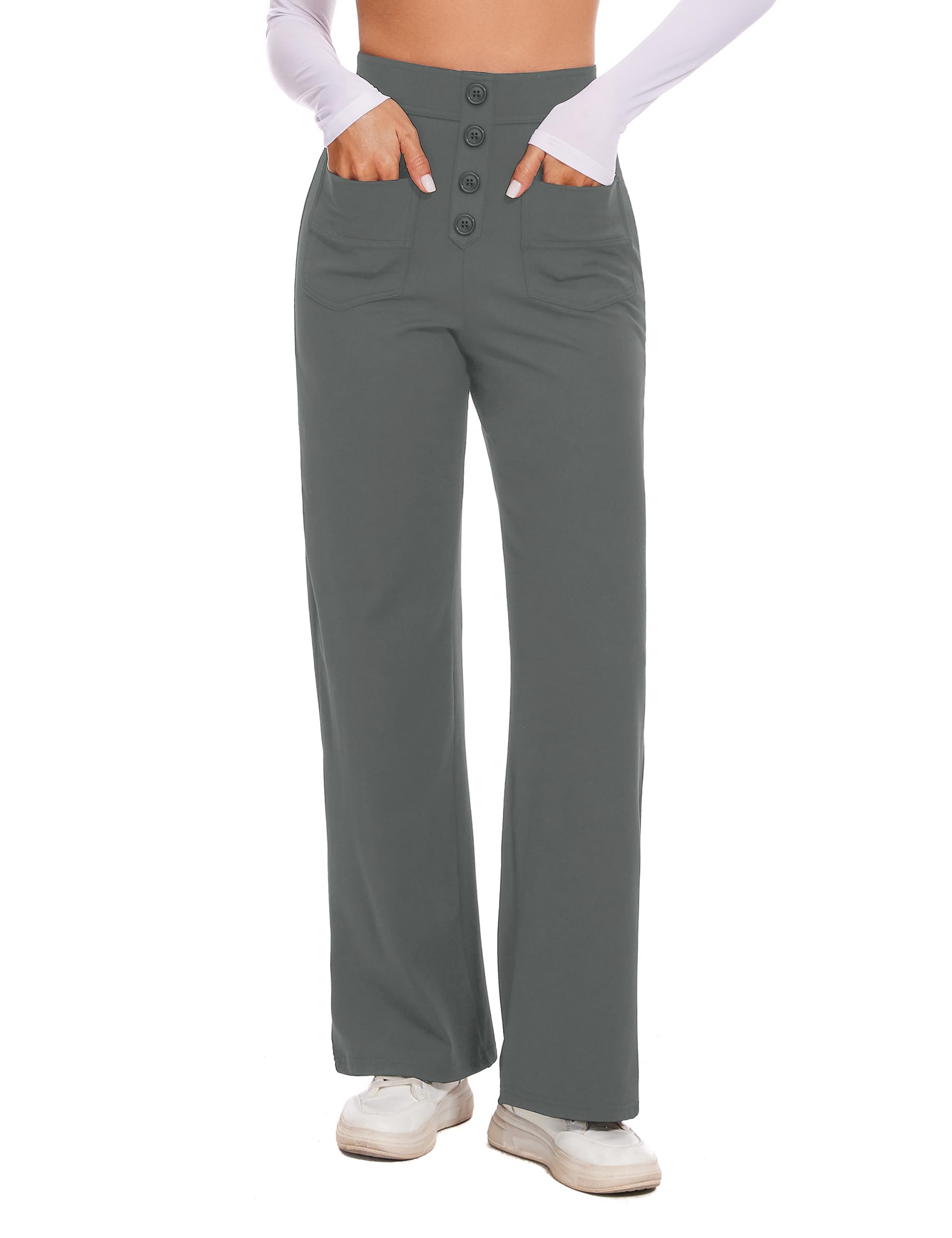 Desol Stoffhose Damen Weites Bein, Hoher Taille Business Hose Damen, Knopfleiste, Dehnbare Palazzo Hose mit Mehreren Taschen