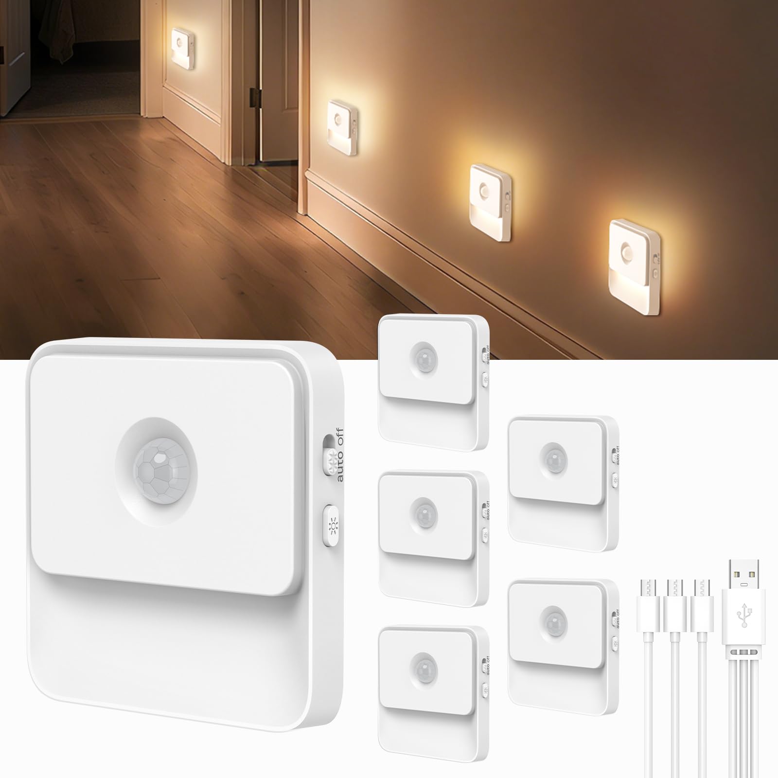 Nachtlicht mit Bewegungsmelder 6 Stück Aufladbar Akku LED Lampe mit Bewegungsmelder Innen Licht Dimmbar Helligkeit Warmweiß LED Nachtlampe Batterie Treppenlicht für Kinderzimmer, Gang, Treppe, Küche