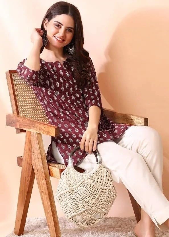 Image of MS VHCK ENTERPRISE Women's Short Kurti in Multicolor Rayon Cotton Blend | Ladies Ethnic Tunic | Office