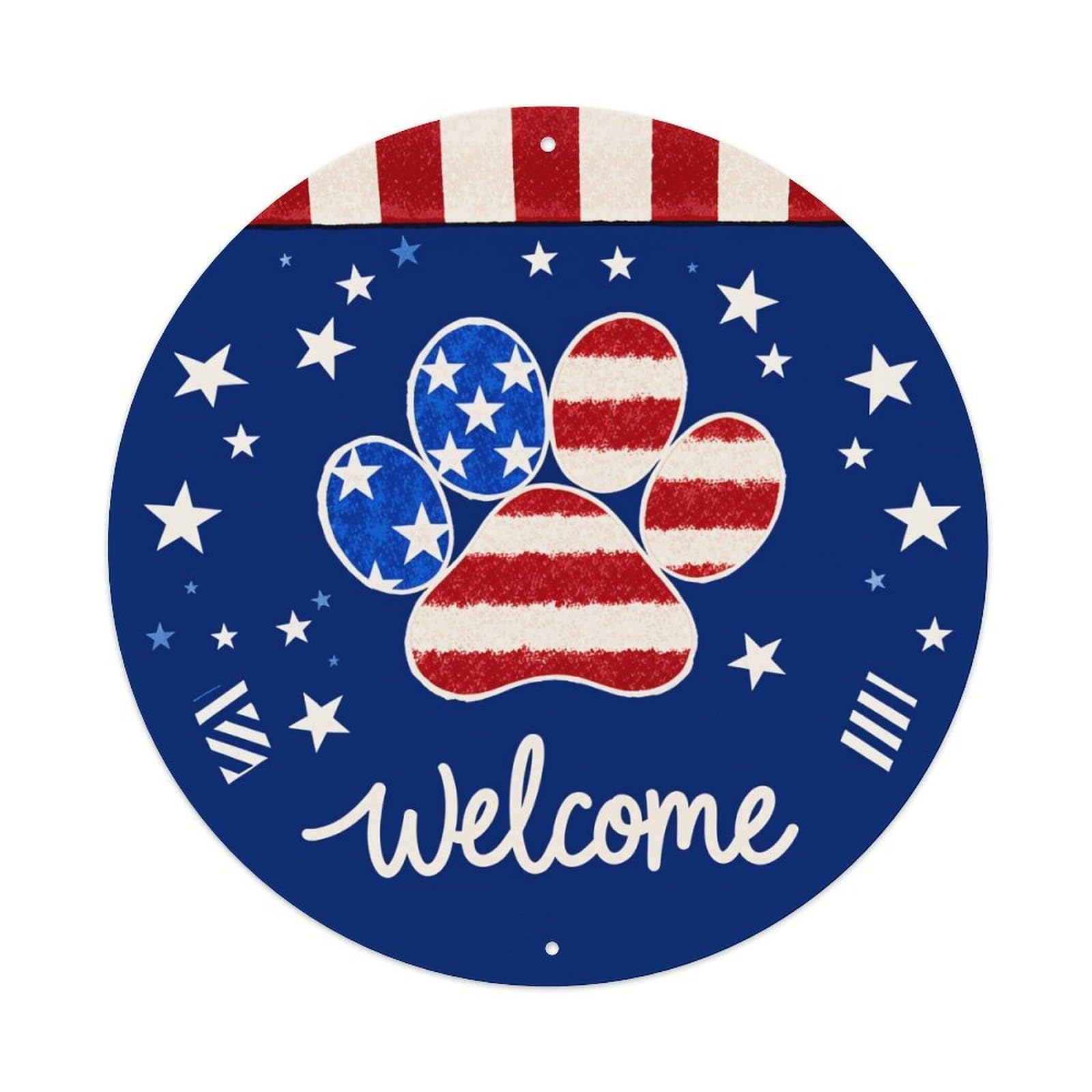 American Flag Paw Print Stars Round Tin Sign Vintage Metal Poster, Home Bar Garage Man Cave Cafe Indoor & Outdoor Wall Decoration 8x8Inches