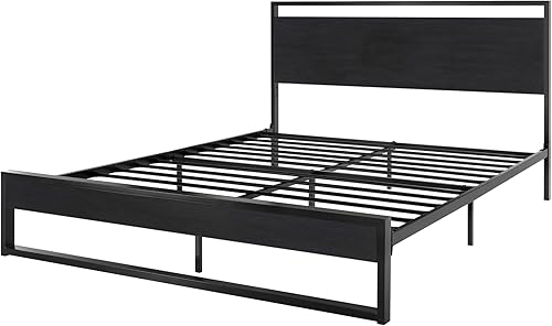 Miniatura 8 de SHA CERLIN Base de cama tamaño Queen con cabecera de madera, plataforma de soporte de listones de metal resistente, no necesita somier, negro
