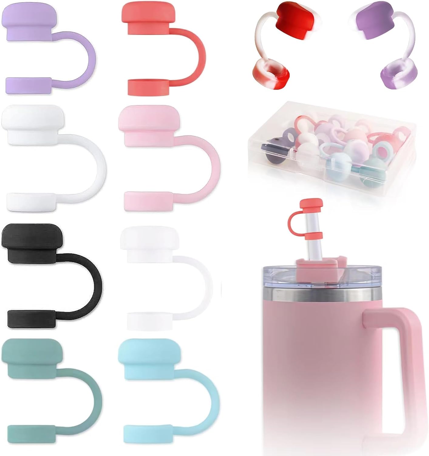 COOLMI 10-Pack Soft Silicone Straw Covers for Stanley Cup Tumbler 40-20 oz - Compatible with 8-10mm Straws, Reusable Dust-Proof Straw Protectors and Caps, With a Carrying Box (Multi - Color)
