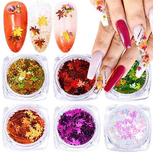 6 Colors Fall Nail Art Stickers Maple Leaves Nail Sequins Autumn Nail Art Accessories 3D Maple Leaf Glitter Nail Decals Flakes Acrylic Nails Design Supply Holographic Manicure Tips Nails Decorations