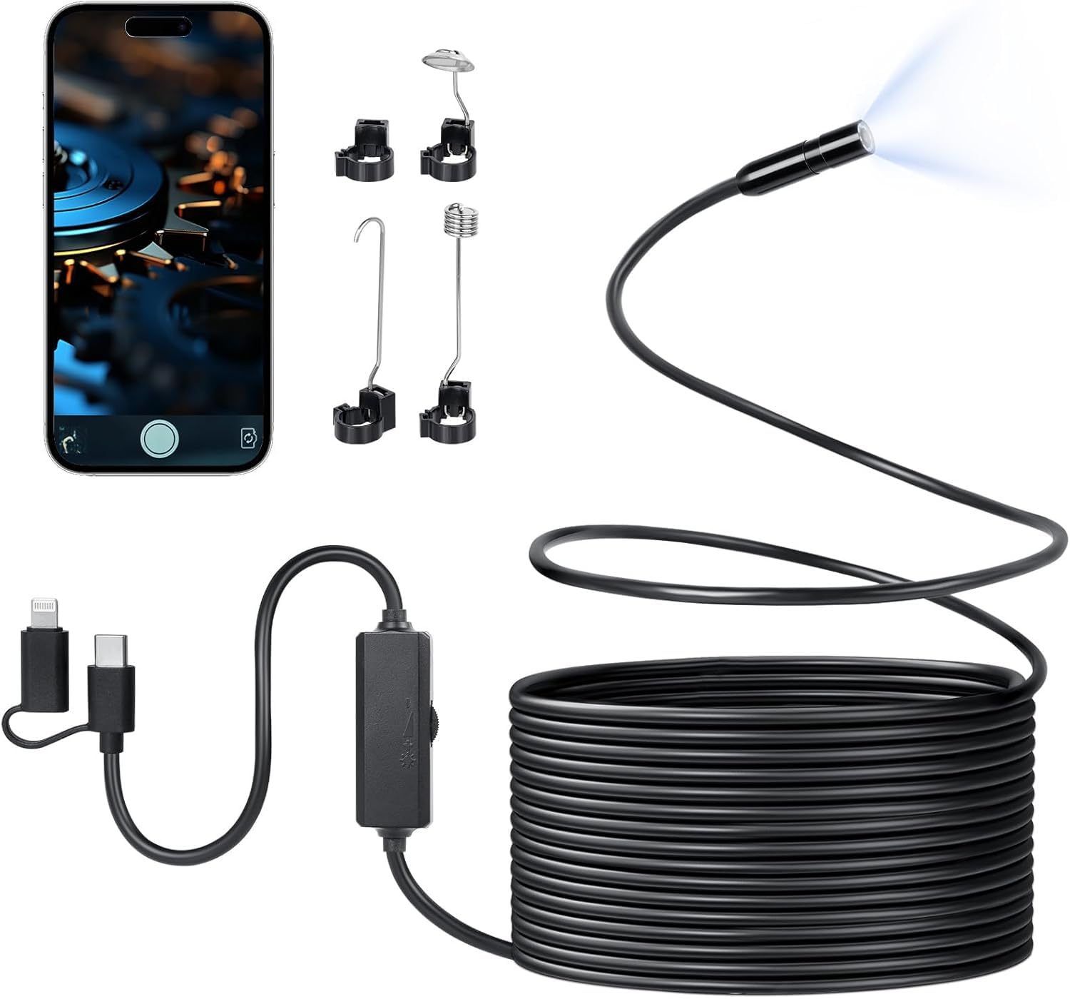 Cámara endoscopica inspección orientable 360º Uso Industrial 1920P Equipado con 8 Leds Cable semirrígido de 1,5 m + endoscopio 5 Metros hurón para canalización mecánica Compatible con Android/iPhone