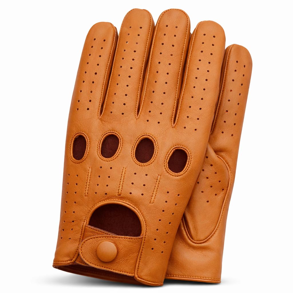 Riparo Men’s Perforated Leather Driving Gloves – Cognac Genuine Cowhide – Full-Finger Classic Motoring Style, Breathable Luxury Gloves (Medium, Tan)