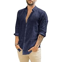 Runcati Camicia da Uomo a Maniche Lunghe in Lino con Colletto rovesciato