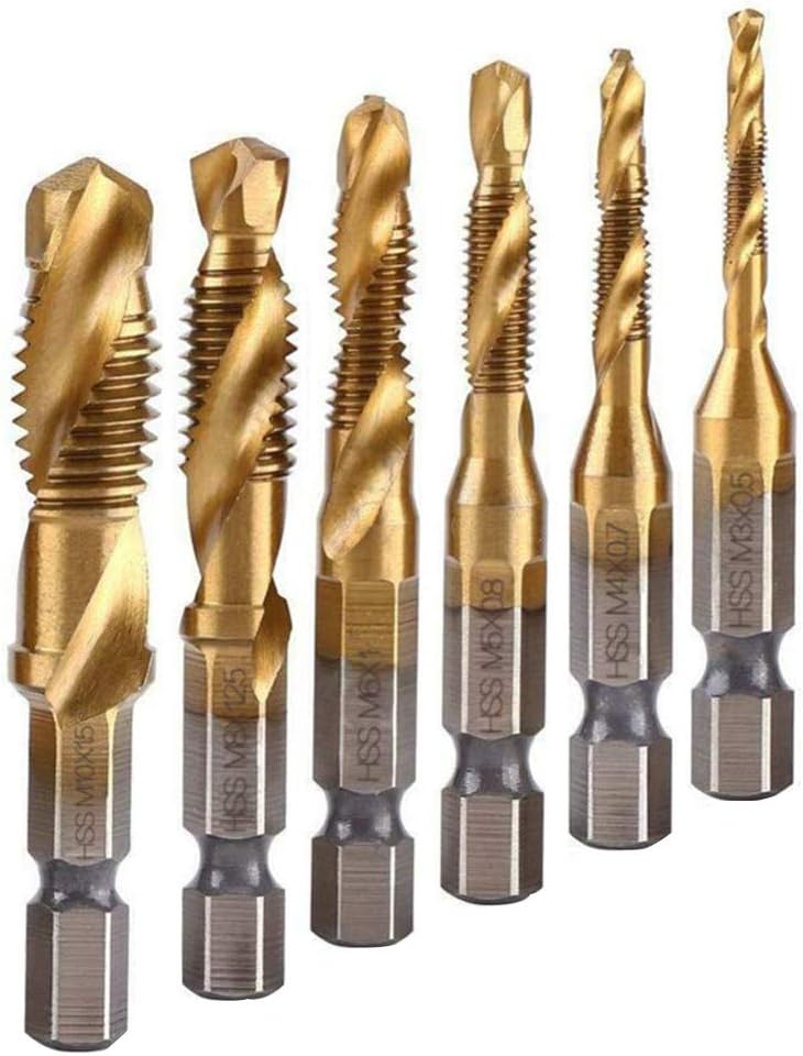 6Pcs Titanium Combination Drill and Tap Bit Set, Metric Drill Tap Bits Screw Tapping Bit Tool 1/4" Hex Shank 3 Functions in 1