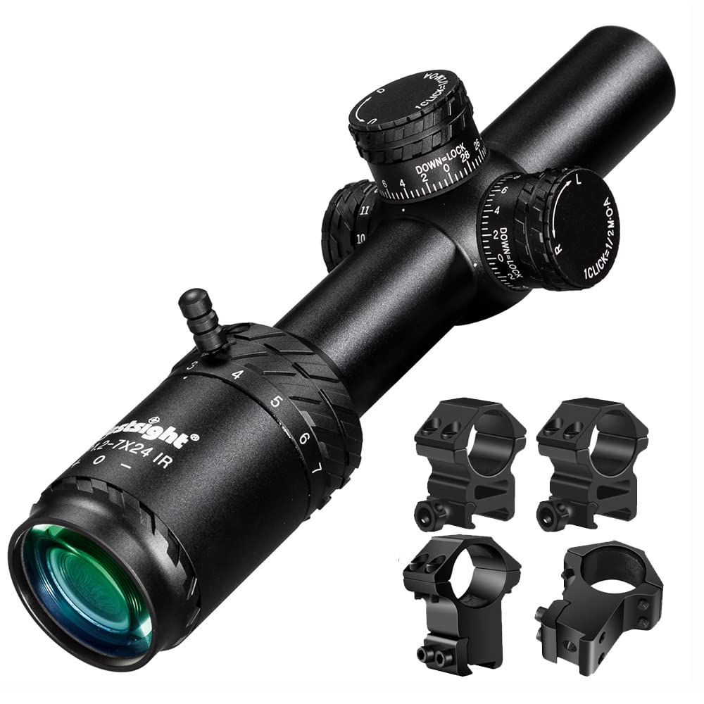 Paike 1.2-7x24 IR First Focal Plane Rifle Scopes Red Illuminated Sight 30mm Tube with 11mm and 20mm Mount