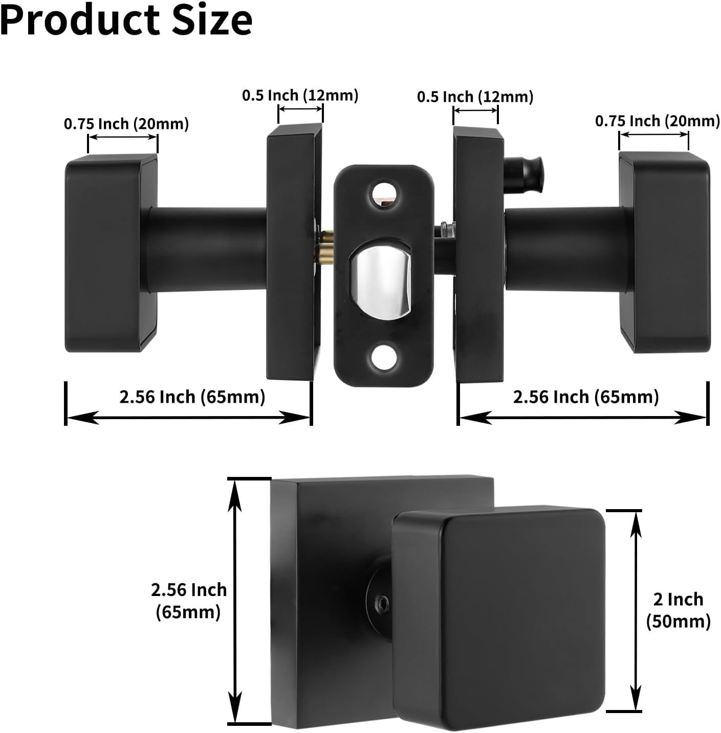 Matte Black Door Knobs Interior, Bedroom Privacy Interior Door Knob with Lock, Square Modern Bathroom Privacy Door Handle, Heavy Duty Design