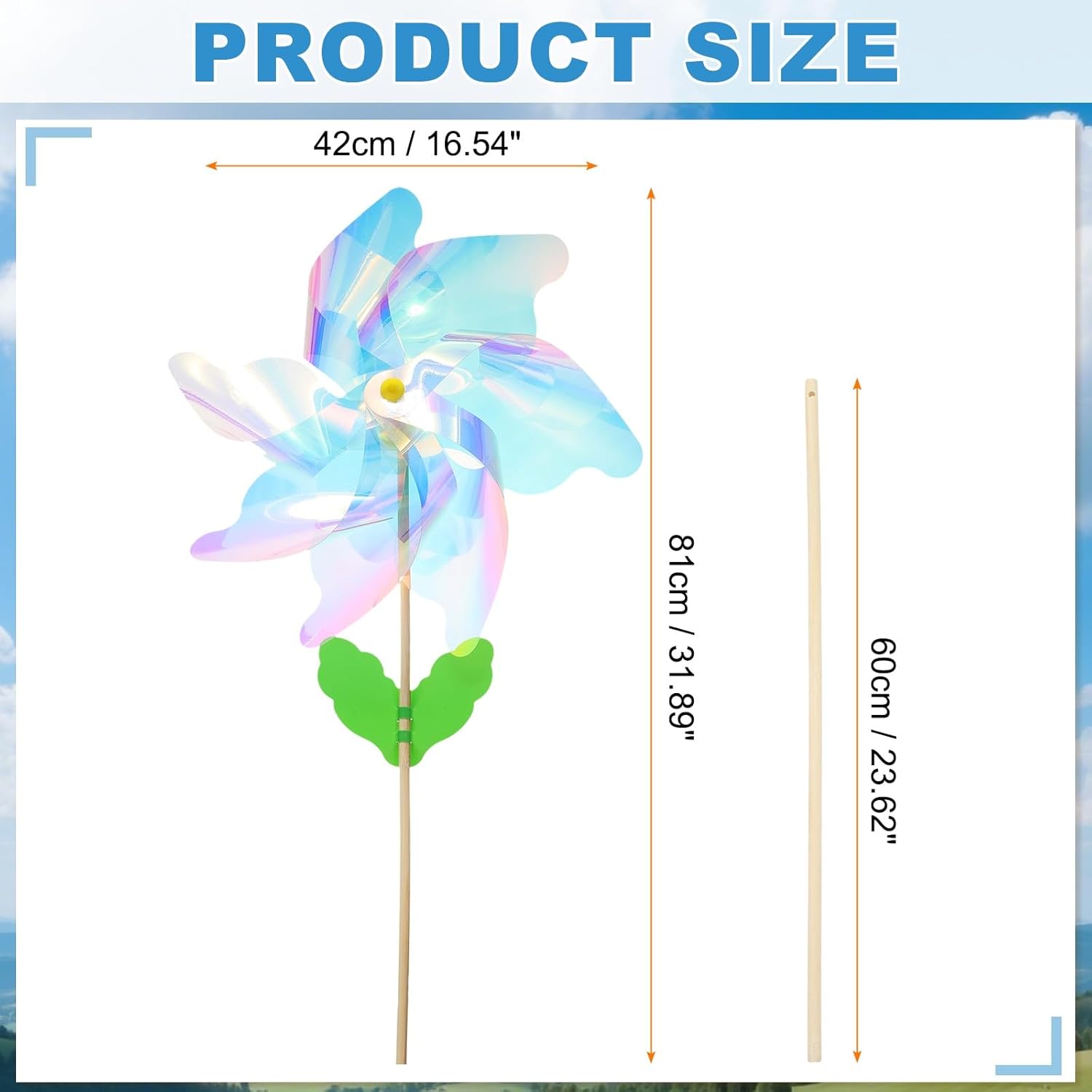 HARFINGTON Pinwheels 16.5" Wind Spinner Reflective Pinwheels 7 Leaves Wooden Windmill with Wooden Sticks for Garden Yard Patio Lawn Outdoor Party Favors Gifts, Colorful