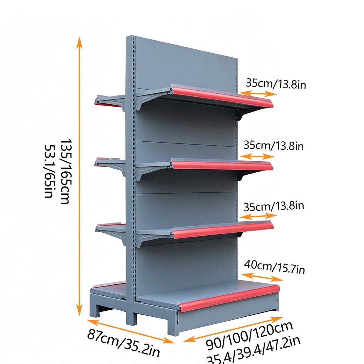 Langlebiges, doppelseitiges Gondelregal für Supers und Einzelhandel, Metall, vielseitiges Ladenregal-System (L x H 90 x 135 cm)