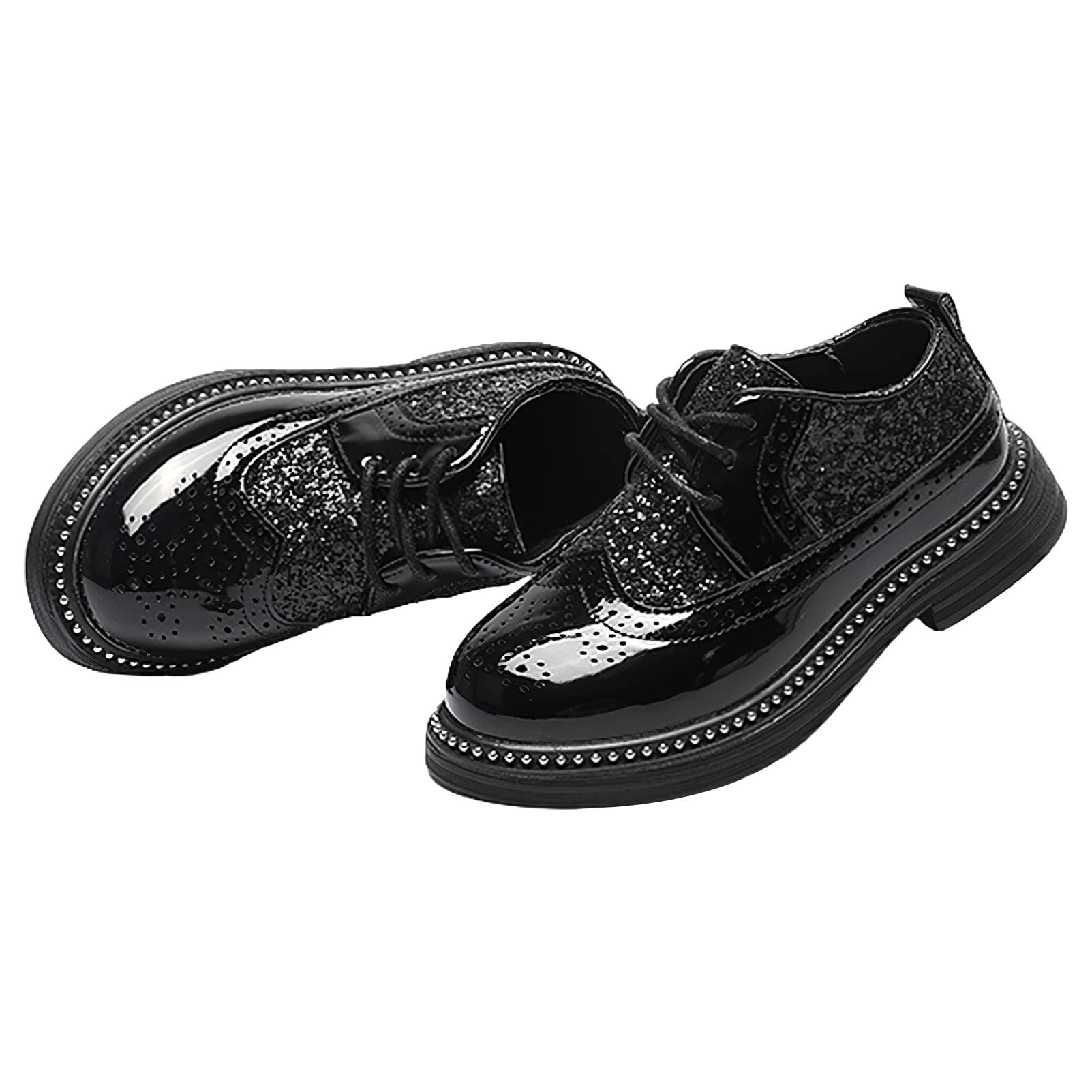 rismart Chico Niña Zapatos de Vestido con Cordones Brillante Lentejuelas Cómoda Formal Brogue Wingtip Oxfords