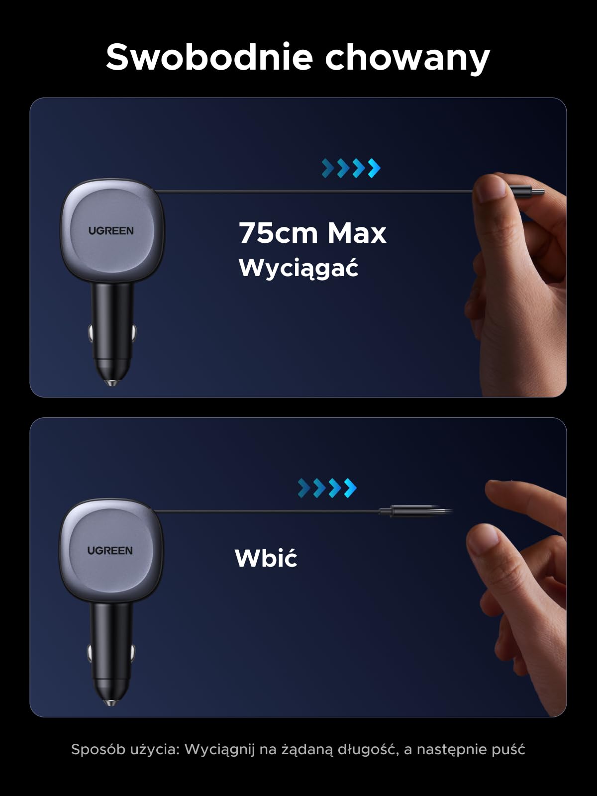 UGREEN Ładowarka USB C 75 W zwijana do zapalniczki samochodowej z kablem | Szybkie ładowanie typu C o mocy 60W, kompatybilne z zasilaniem samochodowym 12V-24v, do komputerów Macbook/iPad/iPhone/Galaxy