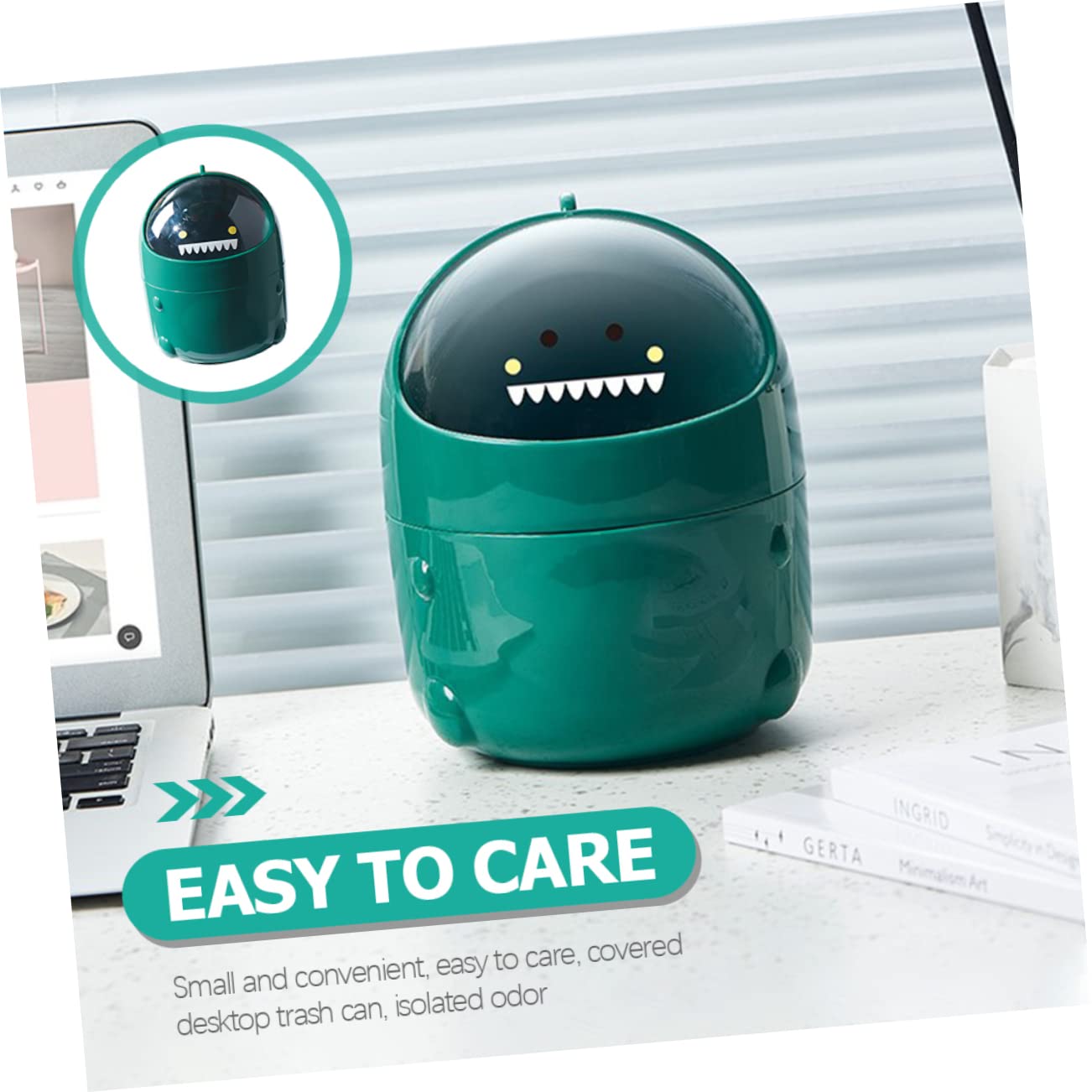 LABRIMP Cartoon Dinosaur Mini Trash Can with Lid Compact Desktop Wastebasket for Office and Home Small Green Rubbish Bin for Easy Garbage Storage