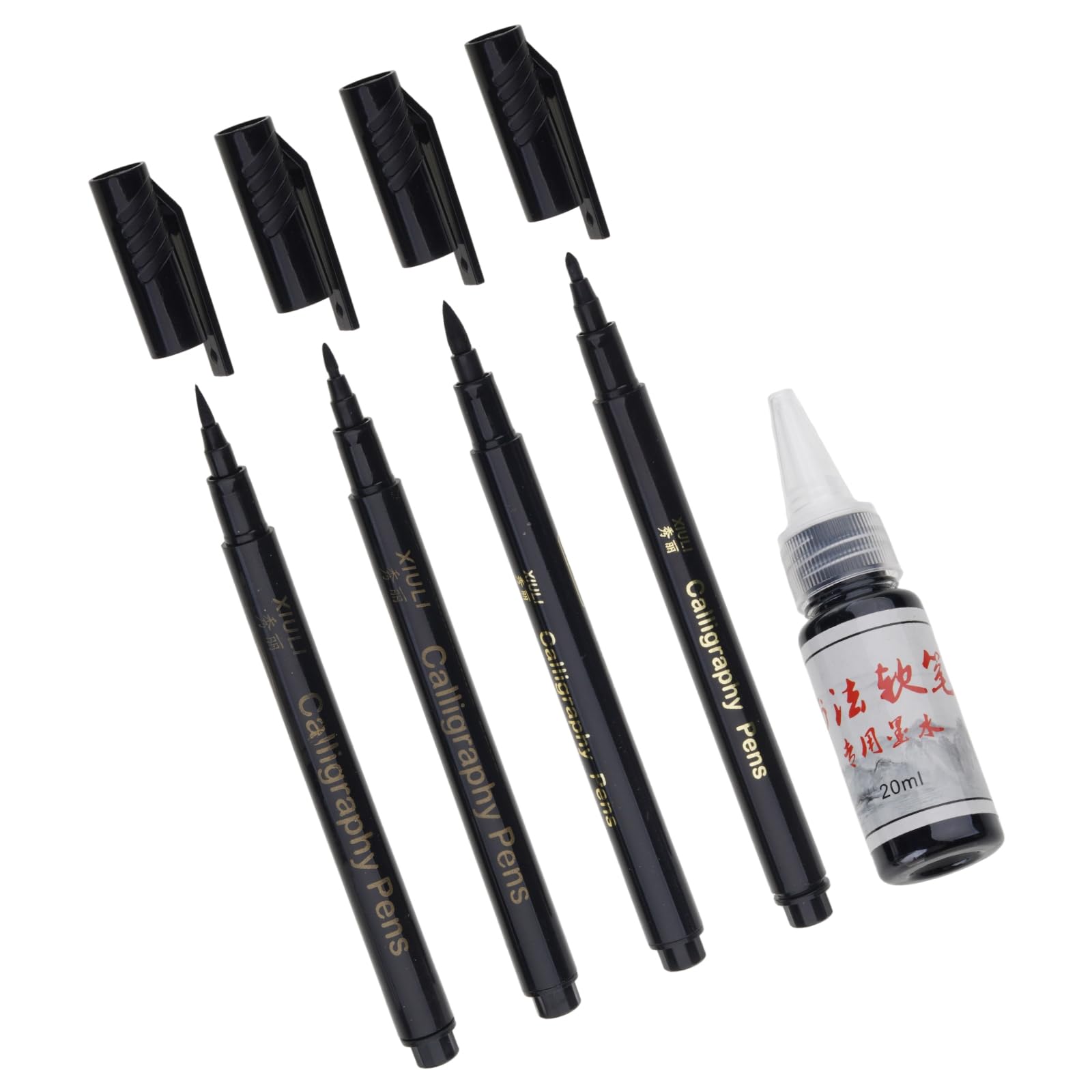 4Pcs Artist Art Brush Pen with 25ML Inks Bottle Ergonomic Grip Refillable Painting Pen for Sketching Drawing Project Soft Flexible Brush for Detailed Work