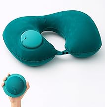 Portable Inflatable Travel Neck Pillow with Press Button | Self-Inflating U-Shaped Air Cushion for Airplane, Car & Train | Soft Flocking Fabric Neck Rest for Comfortable Travel & Easy to Carry.