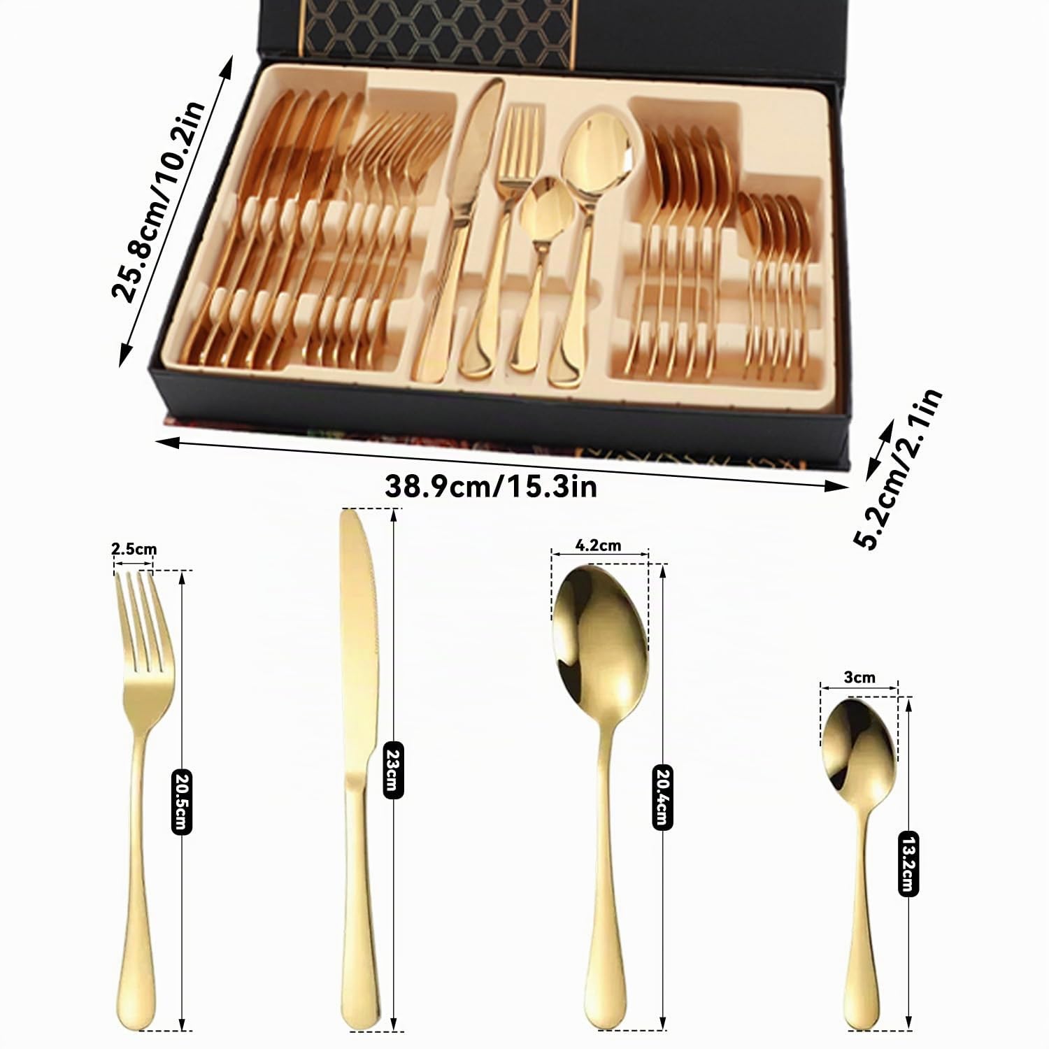 Juego de Cubiertos de 24 Piezas, Juego de Regalo de Cubiertos de Acero Inoxidable, Juego de Cuchara, Tenedor y Cuchillo para Carne para el Hogar, Cocina, Restaurante, Boda(Oro)