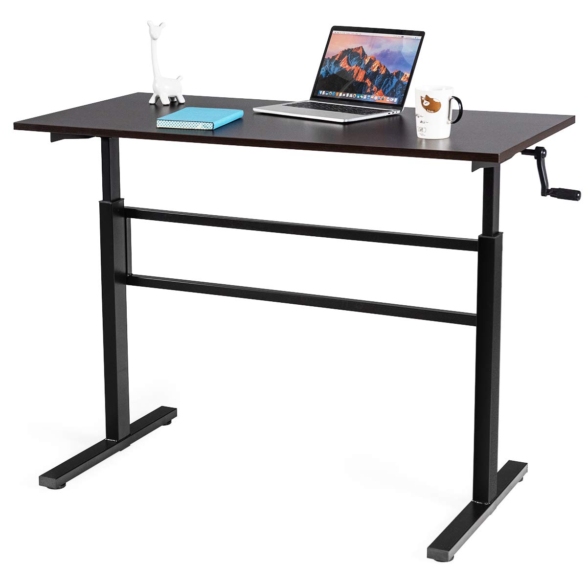 Tangkula Crank Adjustable Height Standing Desk, Manual Sit Stand Desk, Hand Crank Stand Up Desk Workstation for Home Office (Brown)