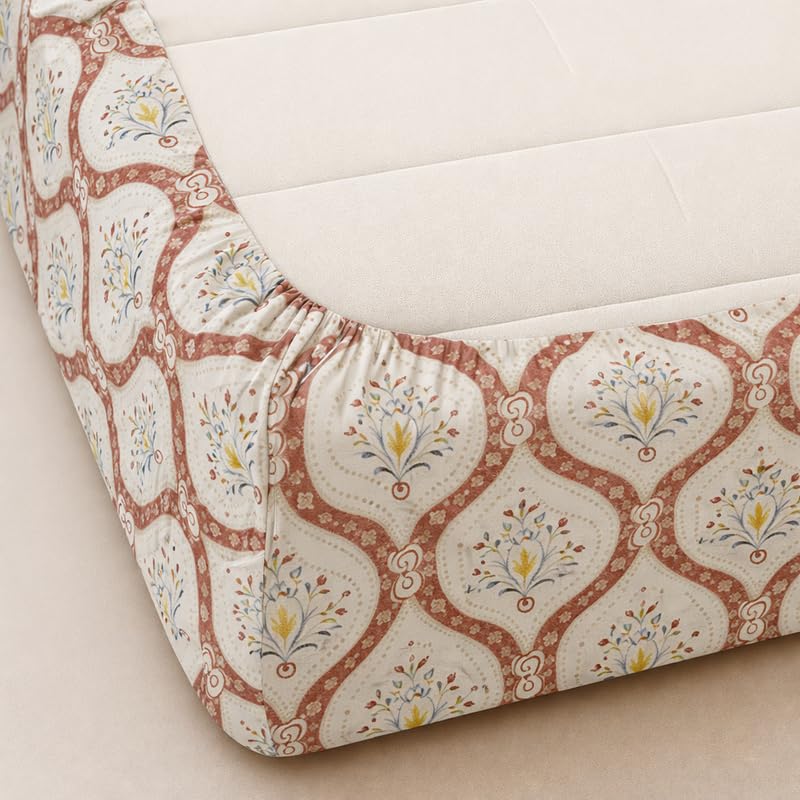 Image of Ethnic Beige Fitted Sheet Jaipuri Style Print Glace Cotton 140 TC Double Size (48x75 inch) with 2 Pillow Covers (18x28 inch) Deep Pocket up to 10 Inches - Soft & Comfortable