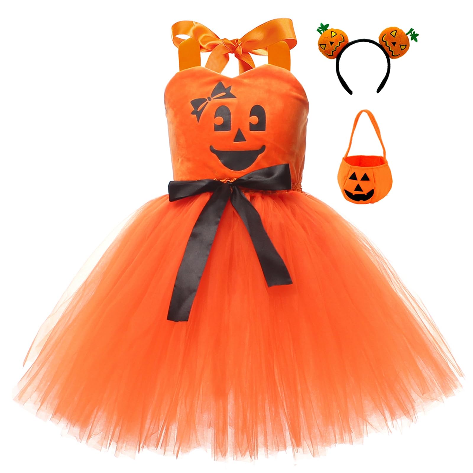 Kids Girls Halloween Pumpkin Costume Cute Sleeveless Tulle Dress with Headband Candy Bag Pumpkin Outfit Theme Party Cosplay Fancy Dress (A-Orange, 2-3 Years)