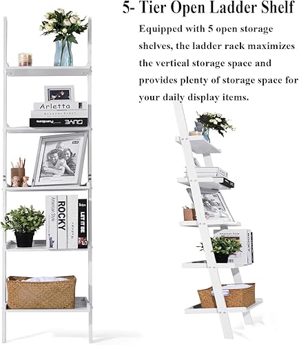 Miniatura 5 de HYNAWIN Estantería de escalera de 5 niveles  Estante de almacenamiento de bambú para colgar en la pared, soporte de flores blanco para plantas de