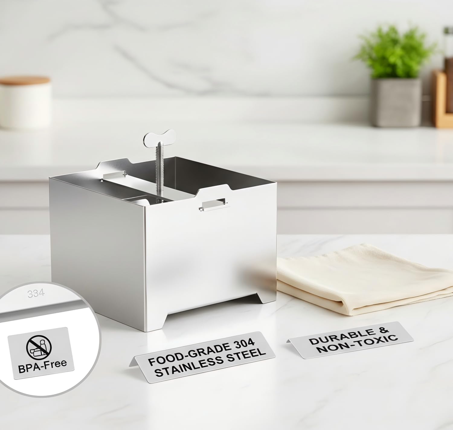 Tofupressa in acciaio inox, per uso alimentare, lavabile in lavastoviglie, con 1 vassoio e 1 panno di garza, adatto per tofu, formaggio e yogurt secco.