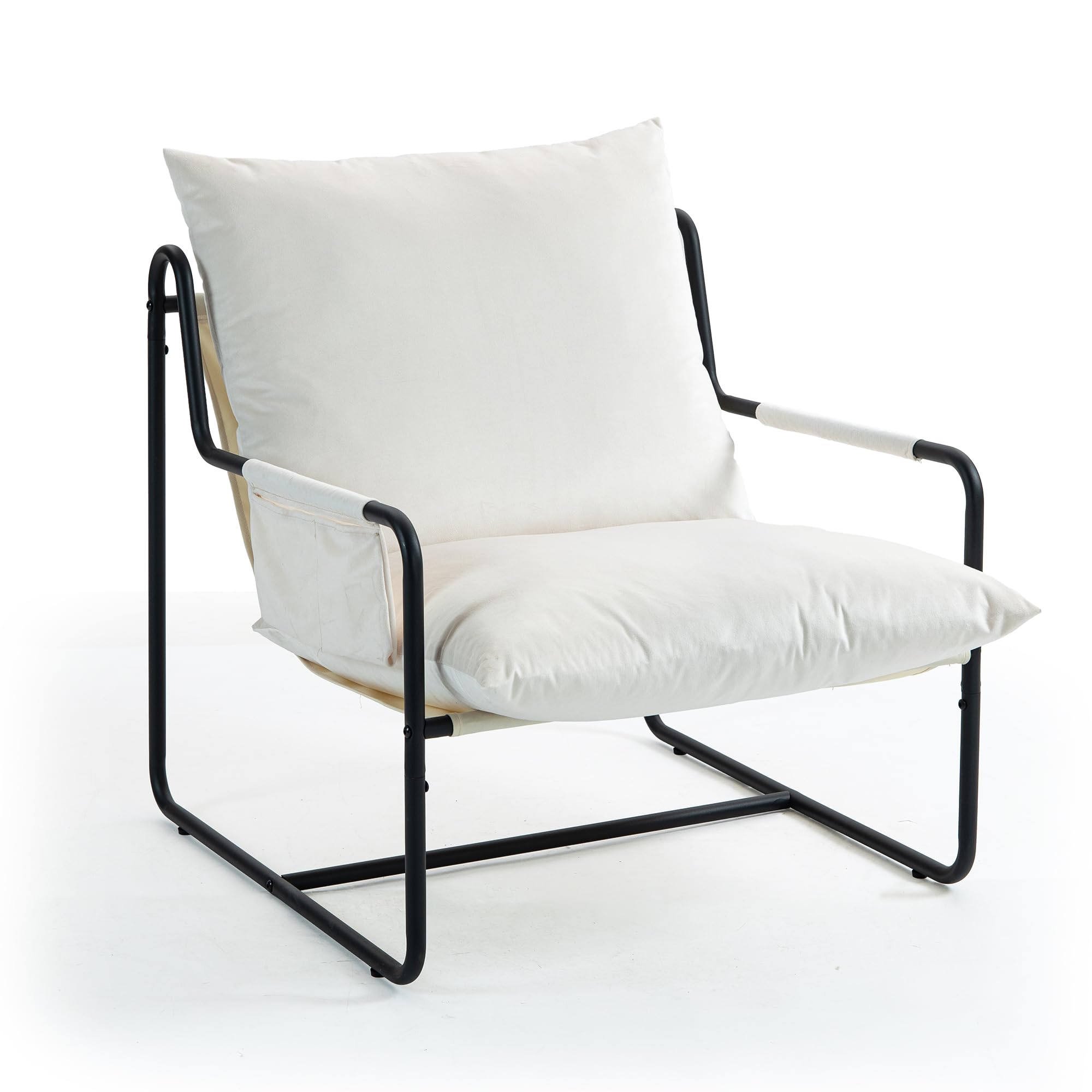 TIANSHU Sillón de Terciopelo con Cabestrillo, Butacas de Salón con Cojines Desmontables Sillones para el Salón de Metal Sillon Lectura con Bolsillo Lateral Dormitorio Oficina (Beige)